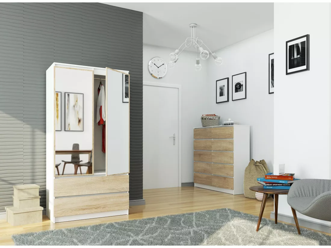 Armoire AKORD S90 avec miroir Blanche 90 cm 2 portes 2 tiroirs façade Chêne Sonoma 4 étagères 90x51x180 cm