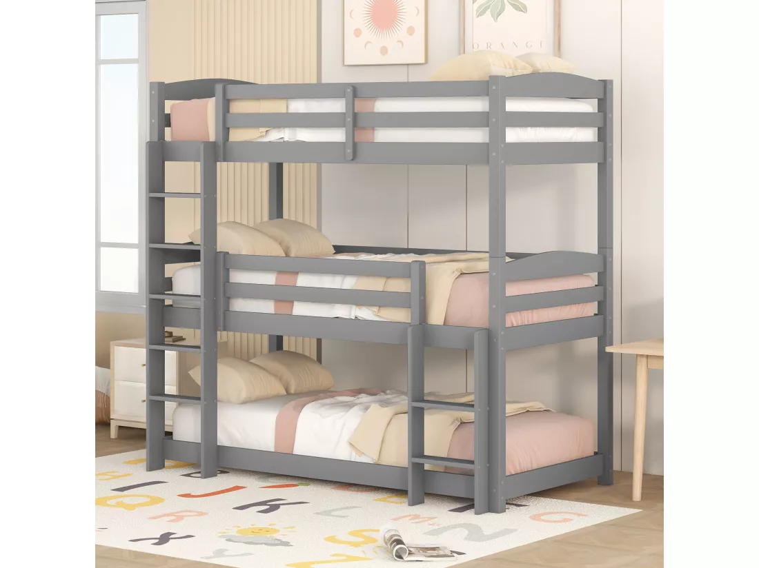 Lits Superposés Triple - 90 X 200 cm - Pour Adultes Et Enfants - Protection Antichute - Gris