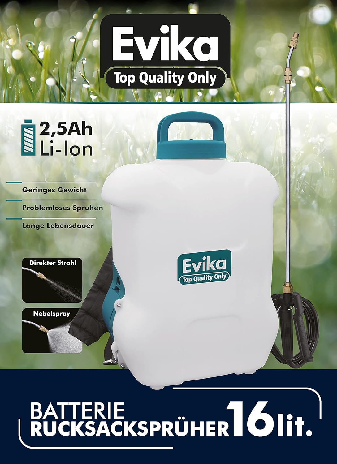 Akku Drucksprüher 16 Liter, 12V Li-Ion Batterie, Elektrisch Unkrautvernichter Rückenspritze, Autopump, 110cm Teleskop-Sprühlanze, einstellbare Messingdüse, gartenspritze spritzgerät unkrautspritze