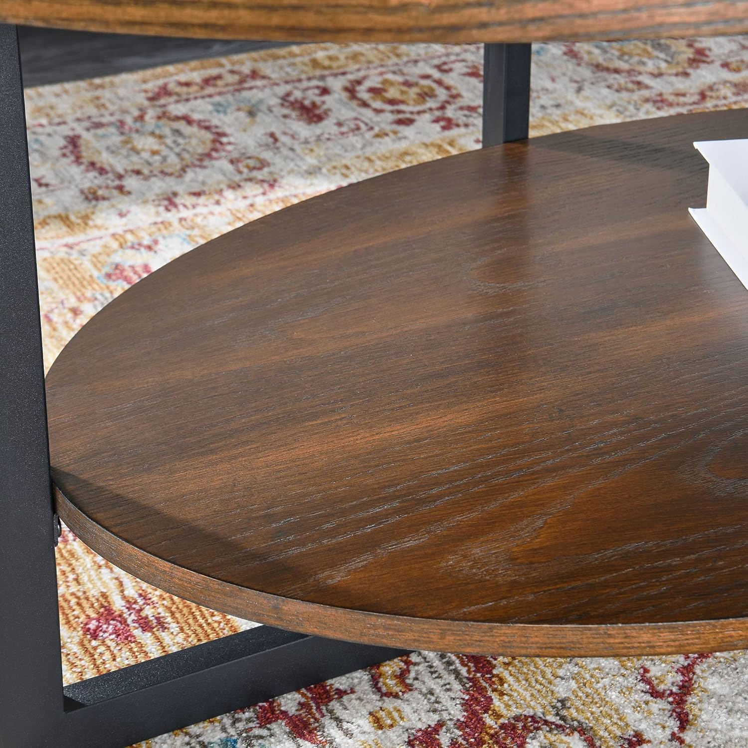 Massivholz Couchtisch rund für 2 Etagen, Ovaler Couchtisch im Modern-vintage Stil, Massivholzplatte & Kreuzförmige Eisenbeine, Kaffeetisch, Wohnzimmertisch, 110 x 66 x 45.5 cm, einfache Montage, NC