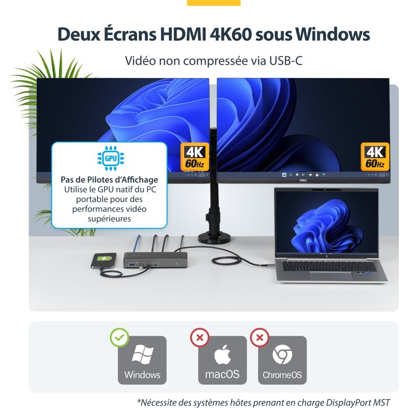 StarTech.com Station d'Accueil USB-C à Deux Écrans, HDMI, 4K 60Hz, Recharge d'Ordinateur Portable 100 W, 1 GbE, Sans Pilote, Station d'Accueil Multi-Écrans pour Windows