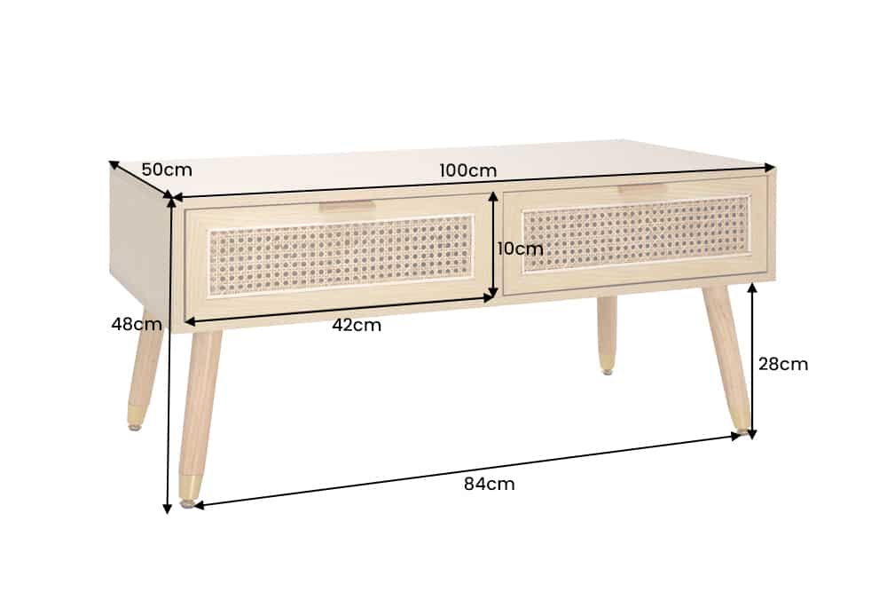 Retro Design Couchtisch VIENNA 100cm natur Wiener Geflecht