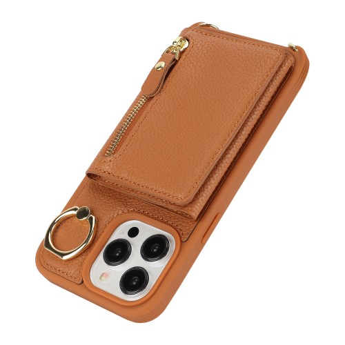 iPhone 14 Pro Necklace Leder Hülle mit Münzfach und Kartenfächer   Finger Griff Halterung   Handykette - Braun