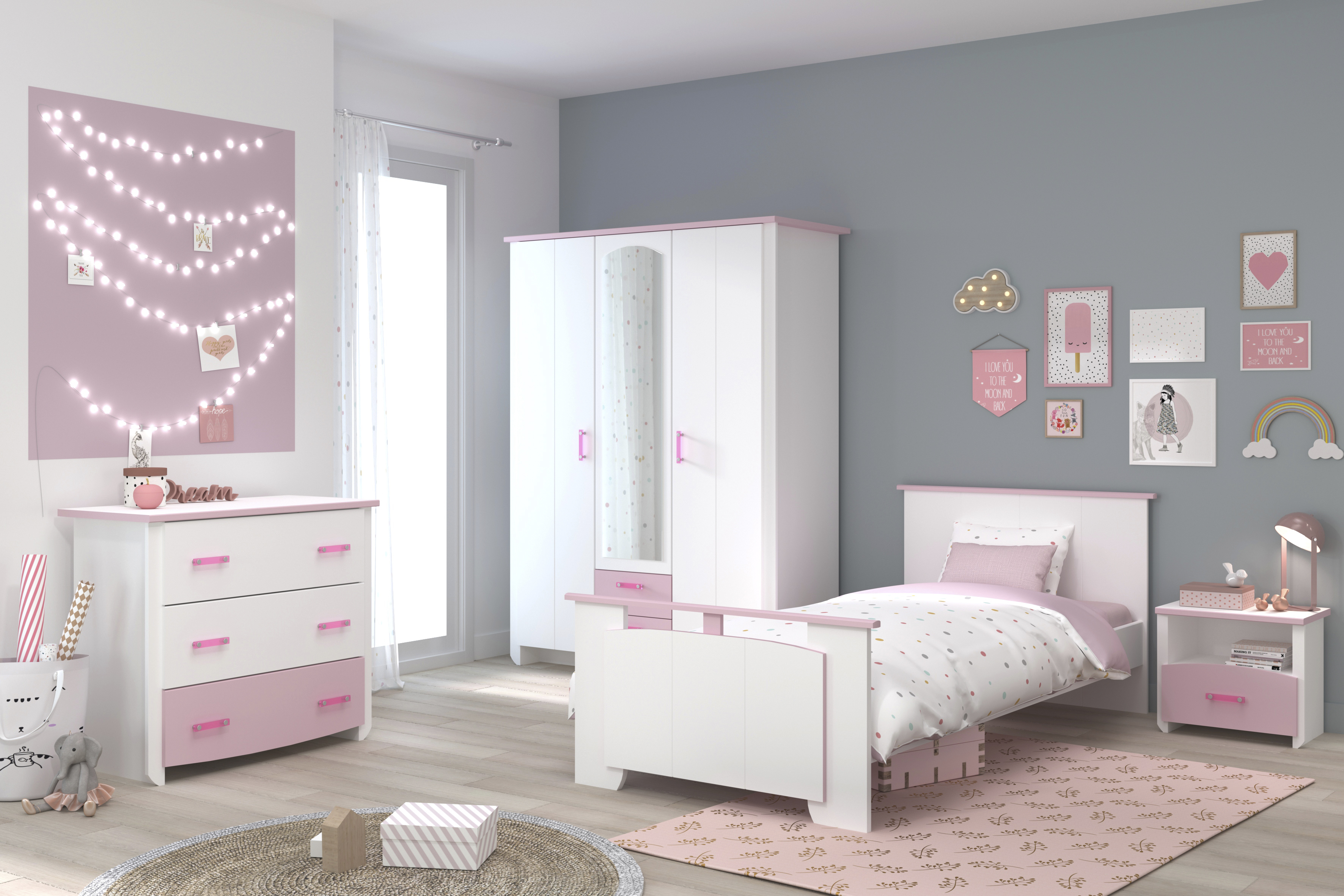 4-teiliges Jugendzimmer BIOTIFUL 12 - weiß-rosa - mit Schrank