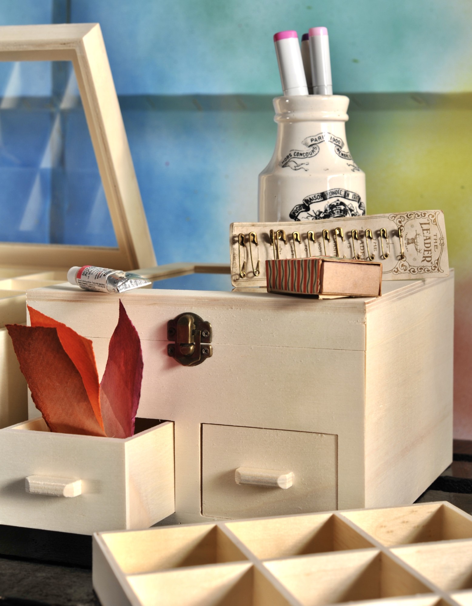 Sortierkasten 'Cajón' mit 2 Schubladen und 18 Fächern, natur, B 20 cm, L 20 cm, H 13 cm von fischer's lagerhaus