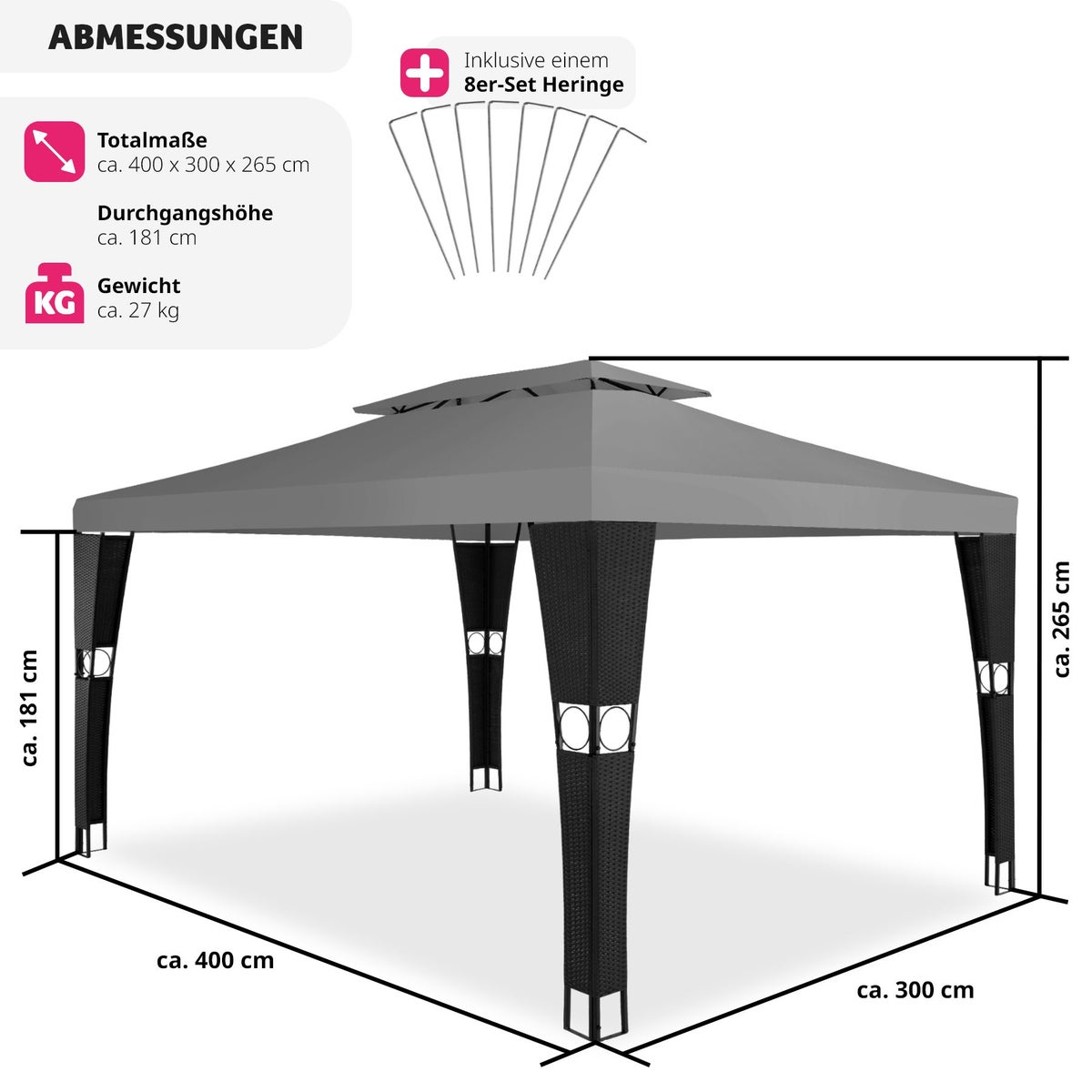 Rotan tuinpaviljoen tectake Mona 4 x 3 m inclusief haringen