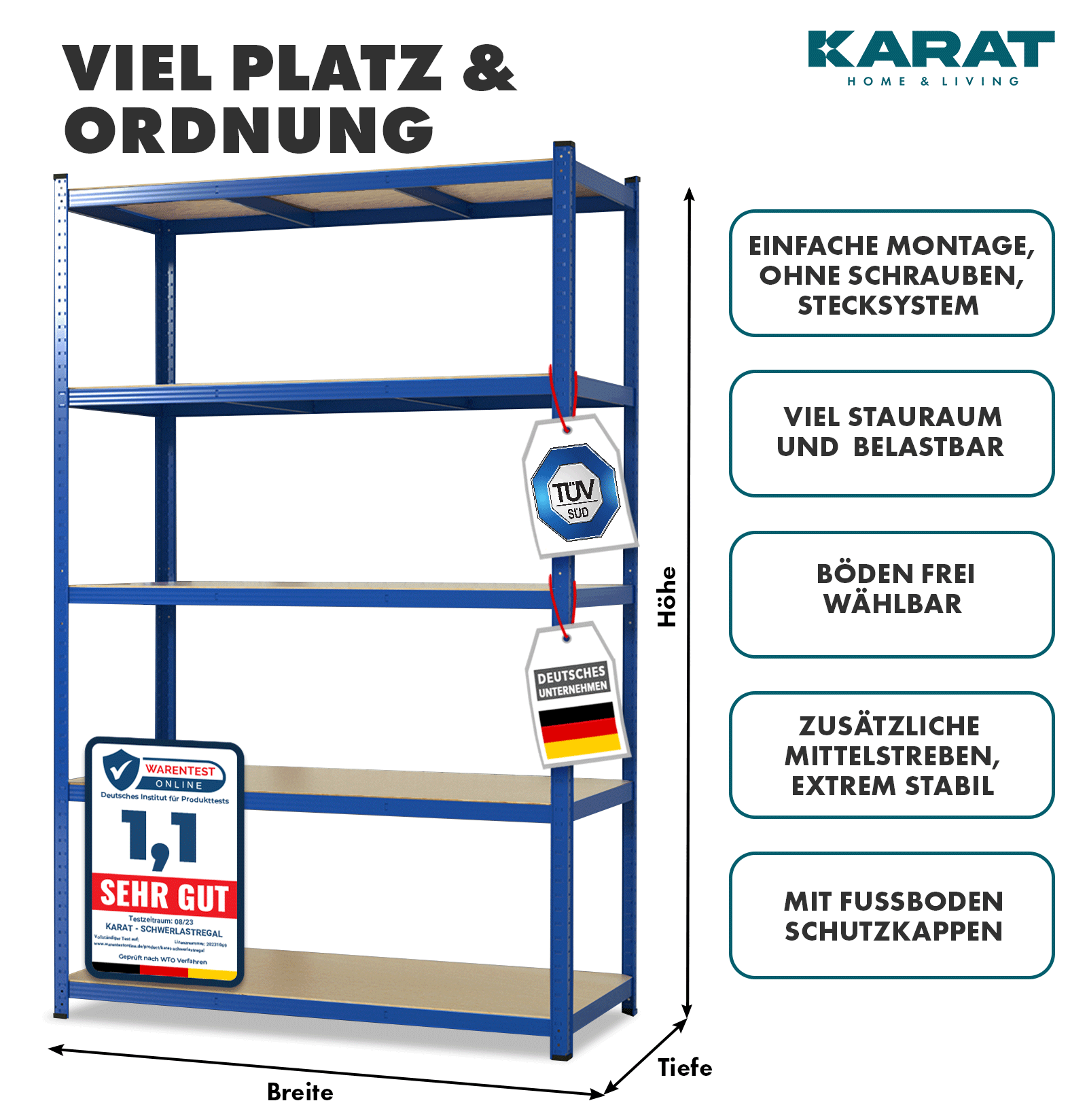 karatcommercial Schwerlastregal Grizzly | Blau | Höhe: 180 cm | Breite: 120 cm