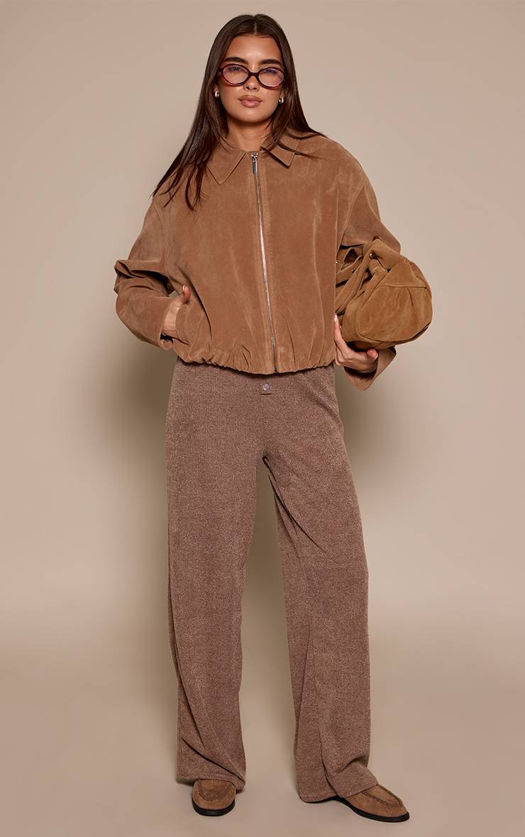 Marron Veste En Daim Zippée À Ourlet Froncé