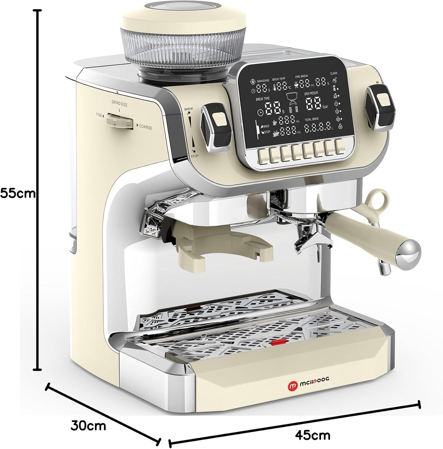 Mcilpoog TC520 Machine à expresso avec mousse à lait, Machine à café semi-automatique avec broyeur, Machine à café expresso facile à utiliser avec grand écran de 6 pouces, pompe à pression de 15 bar