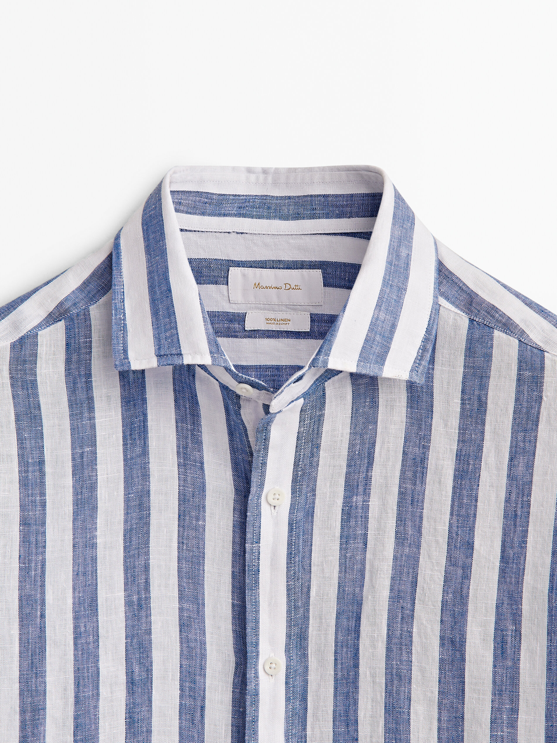 Camisa listrada larga 100% linho, corte slim - AZUL MARINHO