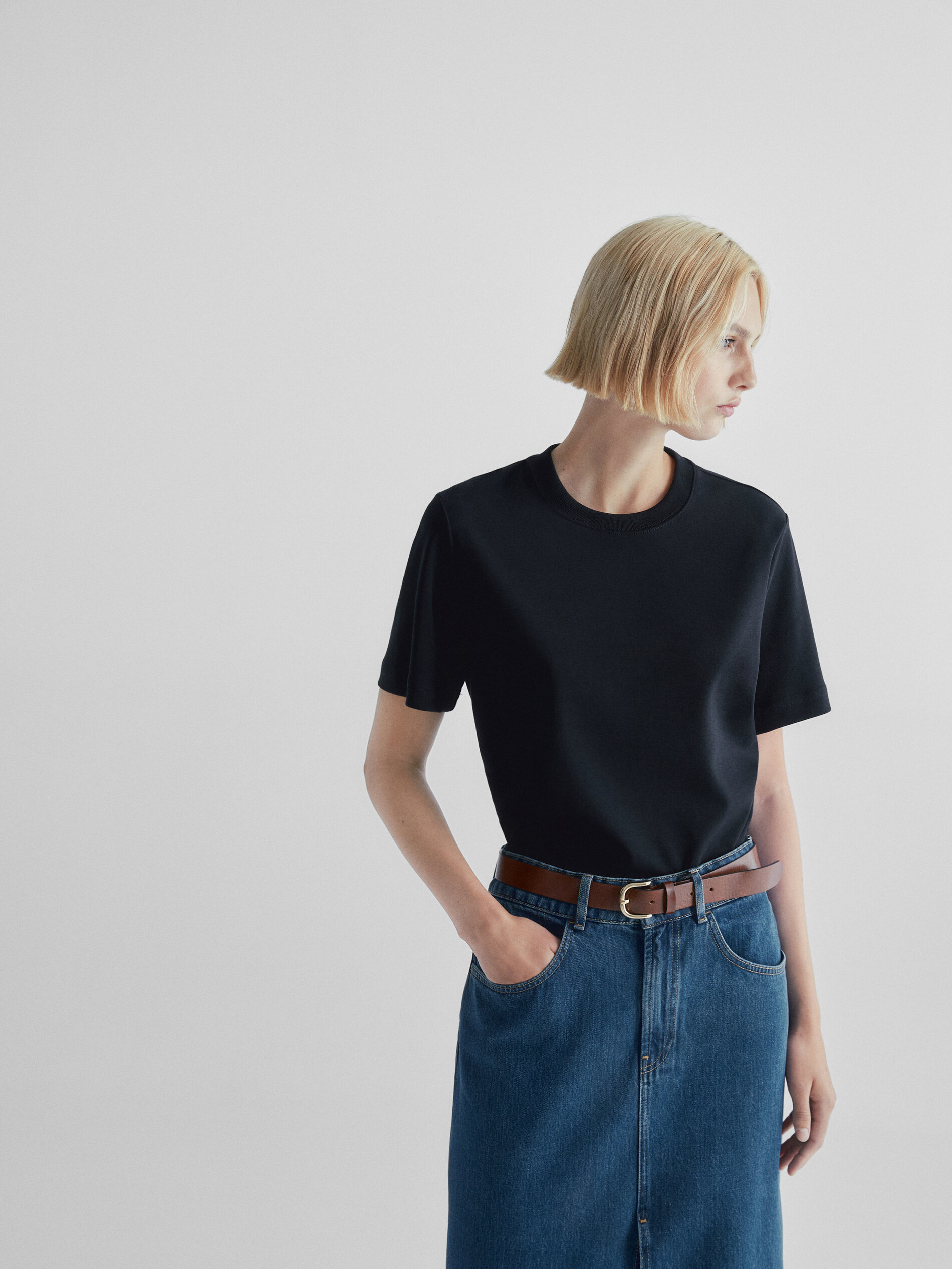 Saia midi jeans de cintura alta - AZUL MÉDIO