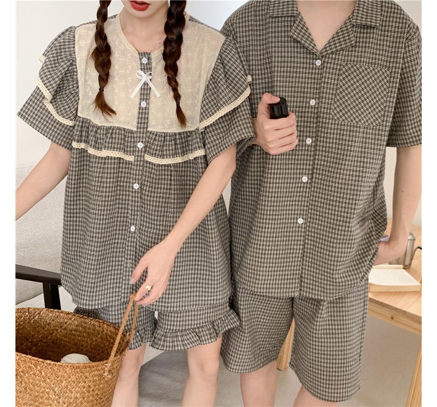 Sadelle - Bijpassend pyjamashirt met korte mouwen en ruitmotief voor koppels / Shorts / Shirt met korte mouwen en kanten rand / Set