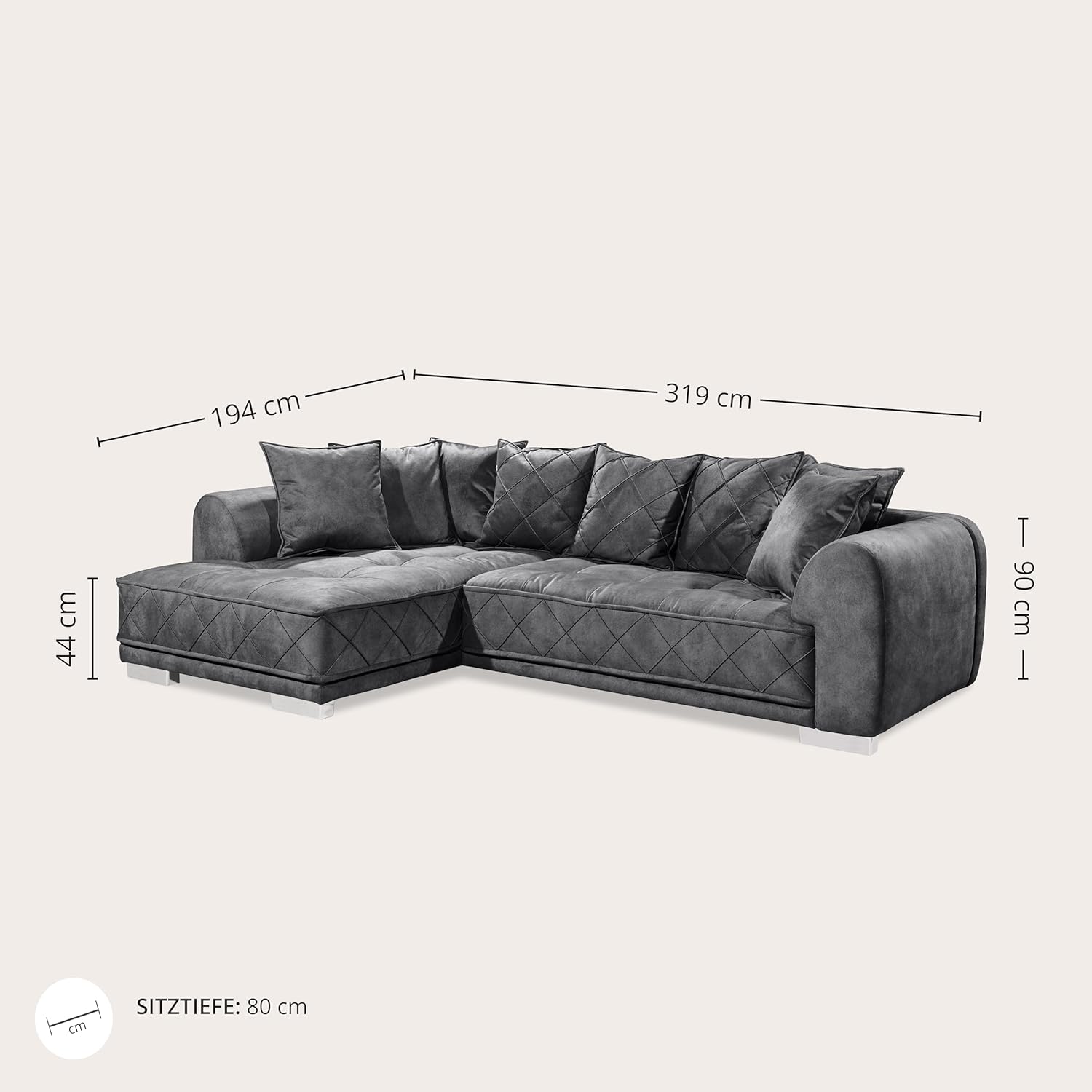 Stella Trading SENTINA Ecksofa in Samtoptik, Anthrazit - Moderne Eckcouch in L-Form mit universell stellbarer Ottomane & dekorativer Steppung - 319 x 73 (90) x 194 cm (B/H/T)