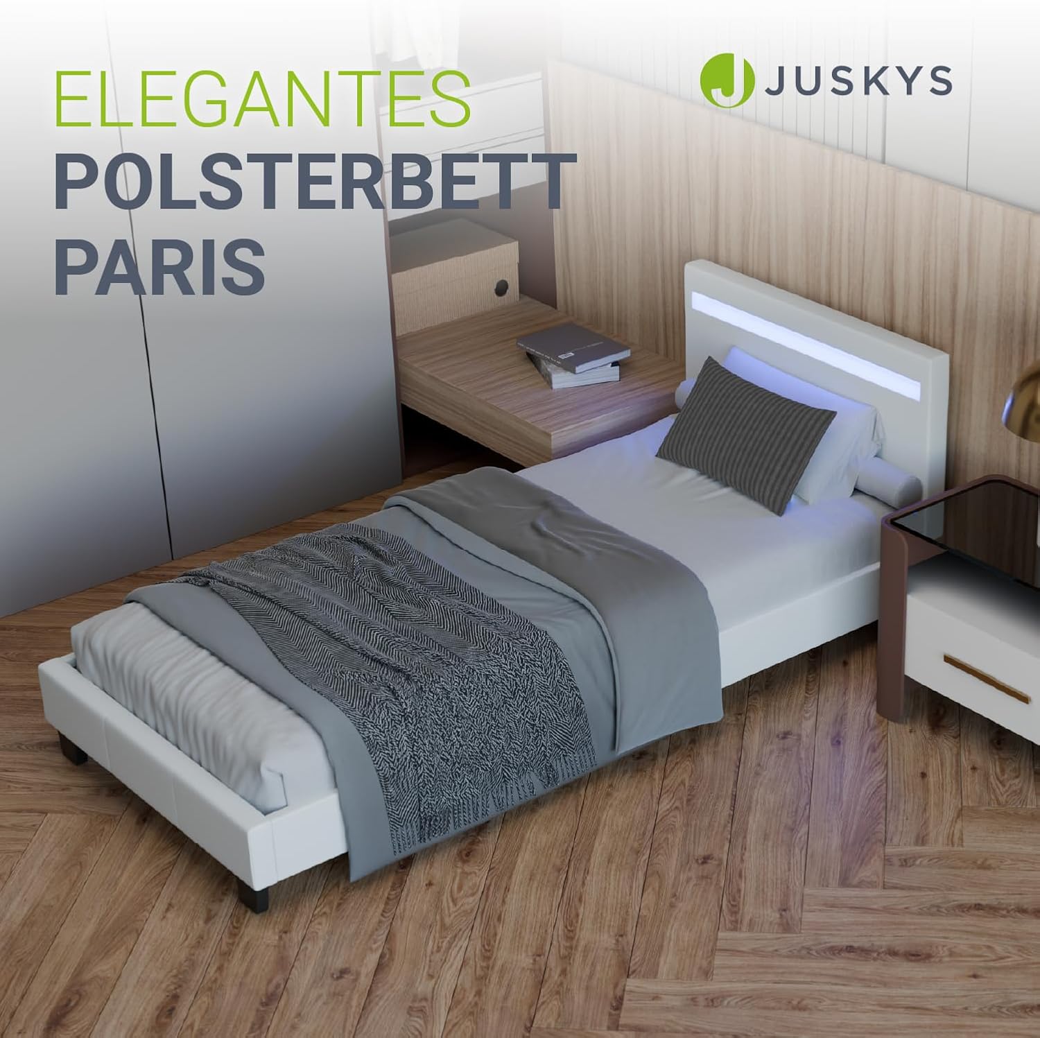 Juskys Polsterbett Paris 90x200 cm mit LED-Beleuchtung, Lattenrost & Kopfteil, Bett mit Gestell aus Holz & Kunstleder Bezug, weiß