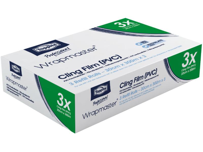 Toppits Frischhaltefolie Wrapmaster PVC 30 3 Stück, Transpa Nachfüllrolle