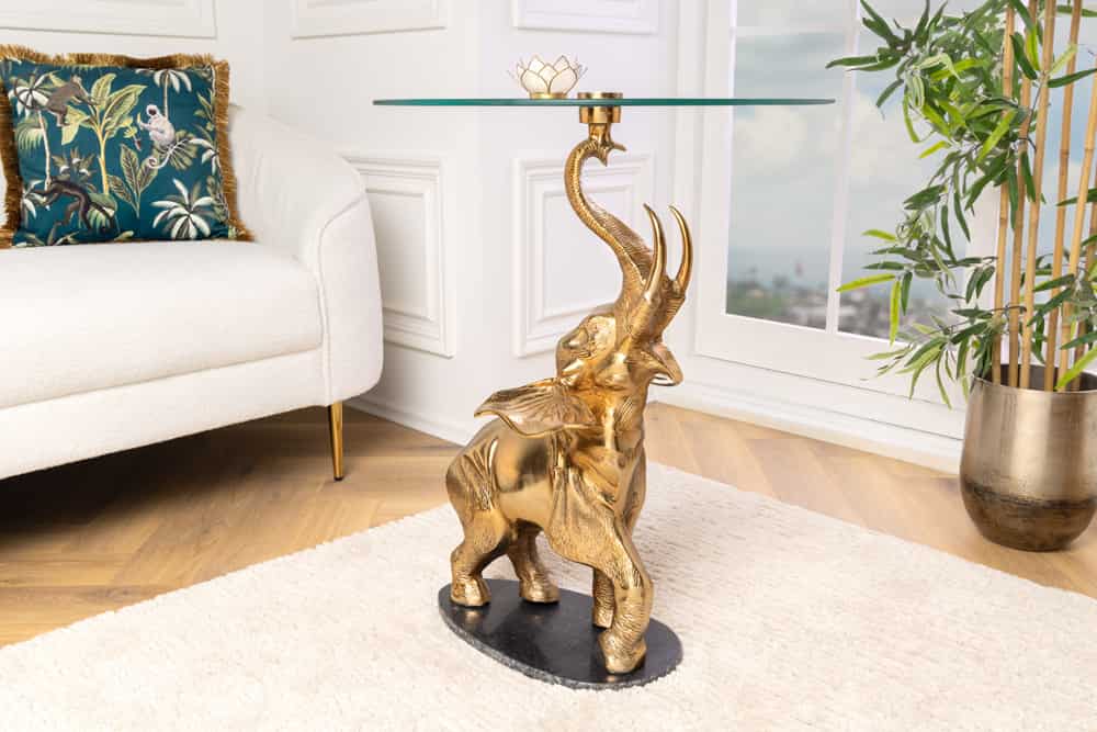 Runder Beistelltisch ELEPHANT 80cm gold Metall Glas Marmor Skulptur handmade