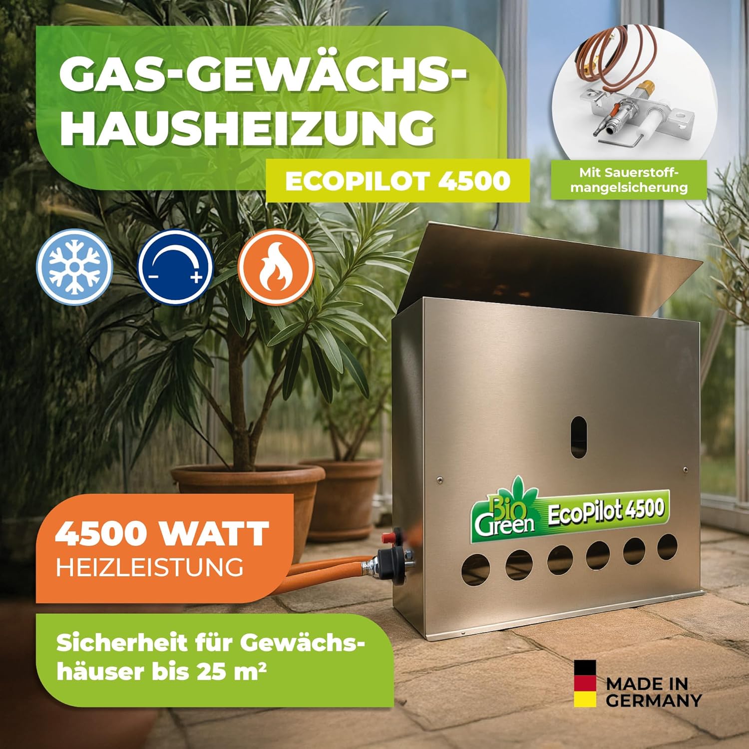 Bio Green Gas-gewächshausheizung EcoPilot, 4500 Watt, Silber, Thermostat-Regelbereich: 0° – 20° C, Edelstahl, Outdoor, Gas, 38x17x40 cm, für Gewächshäuser bis 22m², Bodenmontage