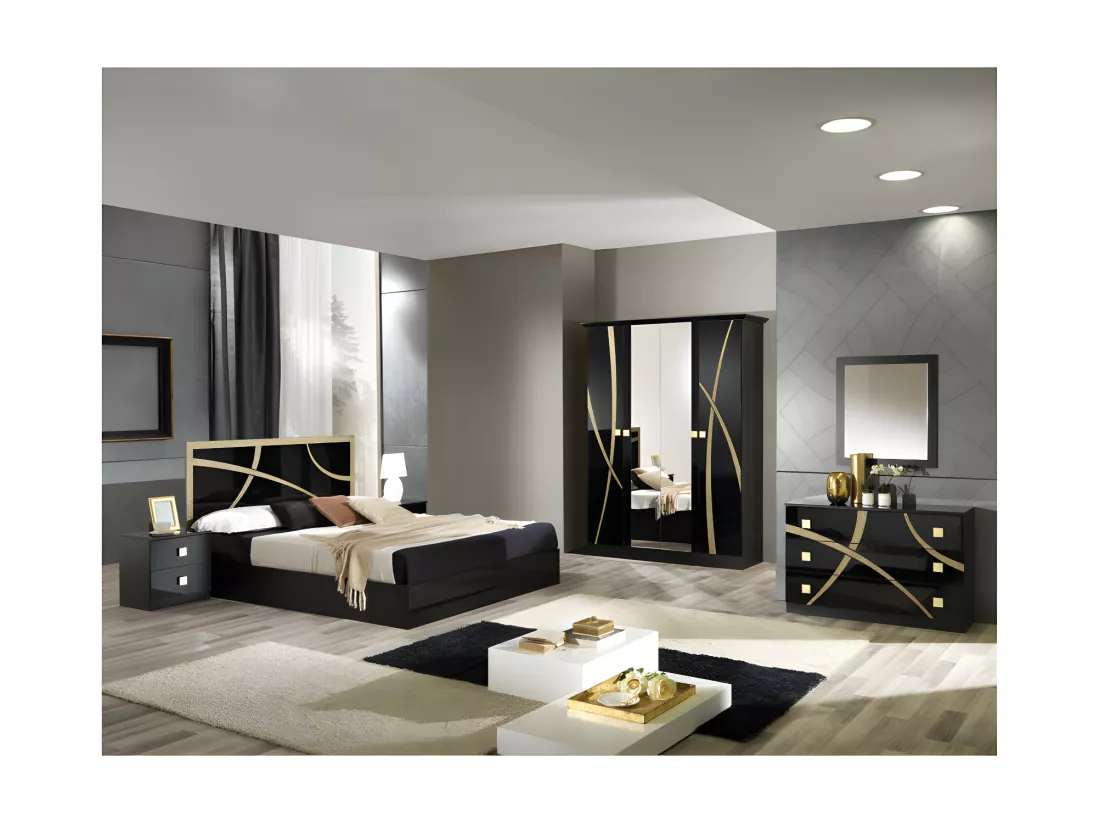 Chambre complète 160*200 Noir/Or - CROSS - Lit : L 165 x l 206 x H 106 cm