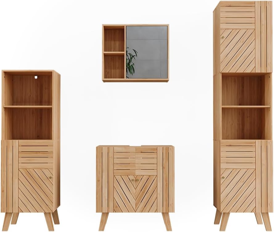 Vicco Badmöbel-Set Bambus Lucie, bestehend aus Badspiegelschrank, Waschbeckenunterschrank, Midischrank, Hochschrank - Viel Stauraum Oben und unten