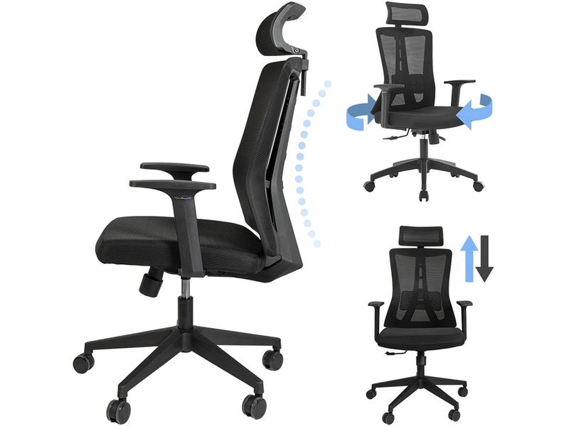 Contini Bürostuhl ErgoFlex Schwarz Drehbarer Stuhl mit Armlehnen und Kopfstütze