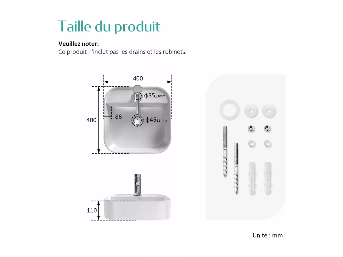 EMKE Vasque à Poser en céramique 40×40×11cm, Lavabo Carré avec robinet trou prépercé, Lavabo à poser blanc brillant