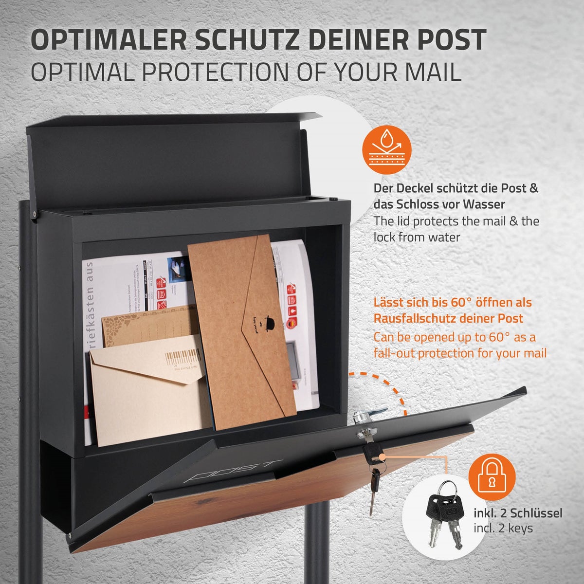 ECD Germany vrijstaande brievenbus met krantenvak, design brievenbus met post, brievenbussysteem, brievenbusstandaard antraciet roestvrij staal gepoedercoat, brievenbus antraciet houtlook roestvrij staal