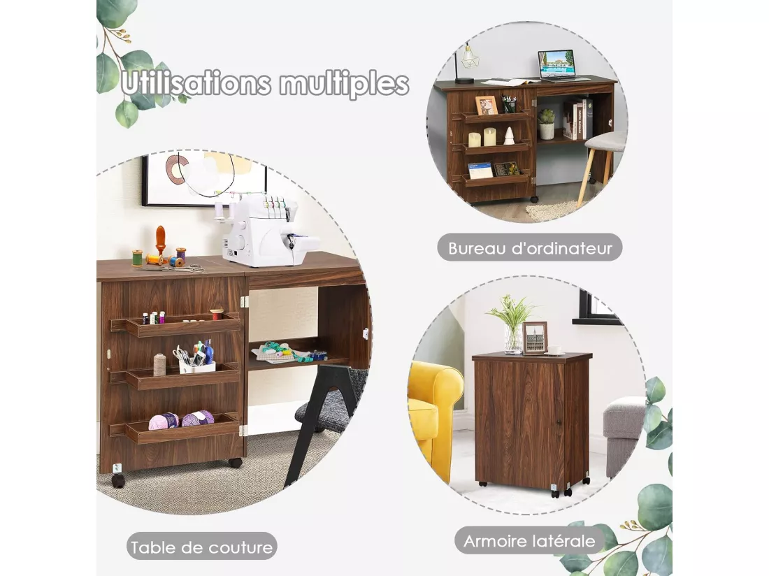 Table de Couture Pliante Meuble pour Machine à Coudre avec 3 Etagères pour Bobines et Roulettes verrouillables en Bois