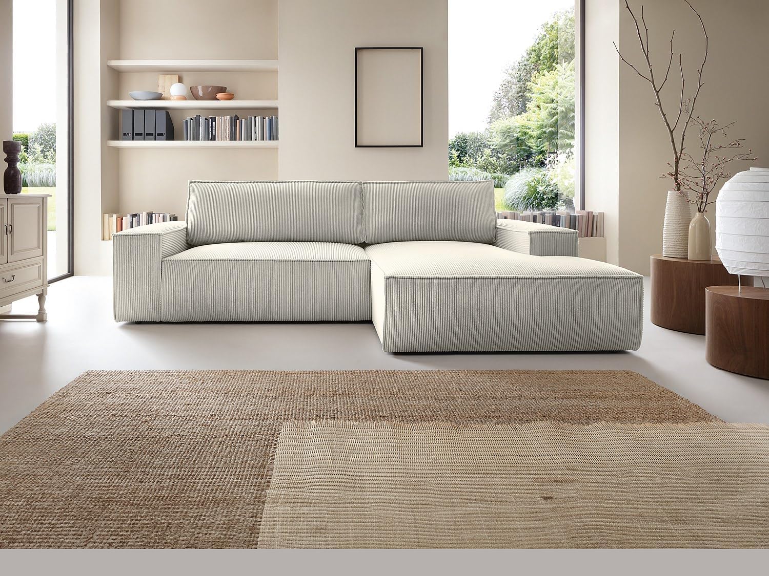 Vente-unique-Ecksofa mit Schlaffunktion - Ecke Rechts - Cord - Beige - Amelia