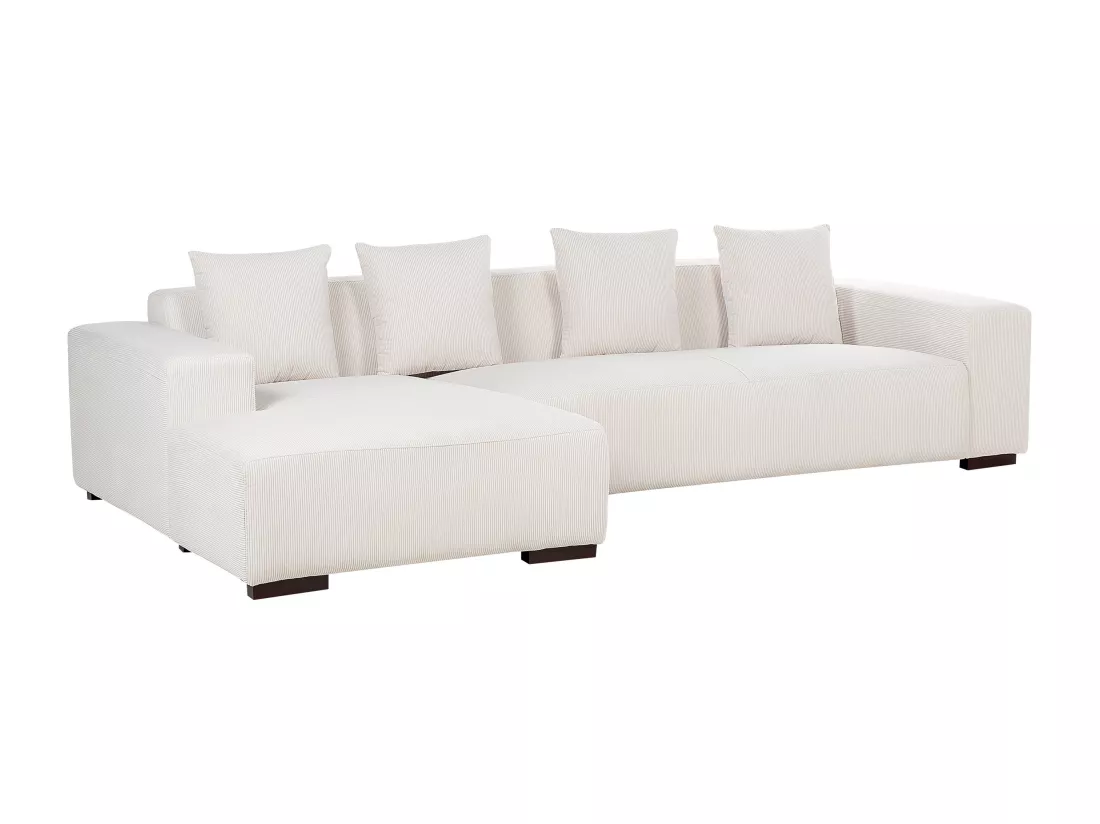 Canapé Angle à gauche 4 Places en Velours Côtelé Blanc Cassé avec 4 Coussins Supplémentaires Lungo