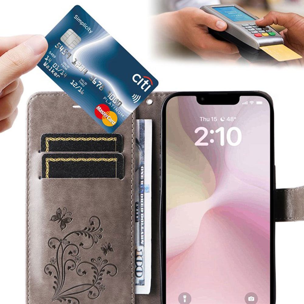 iPhone 16e Leder Tasche mit Kartenfach   Handschlaufe Schmetterling - Grau