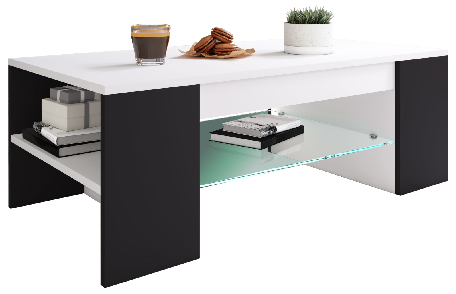 Couchtisch TUNAS - weiß-schwarz - Glasablage - 100 cm