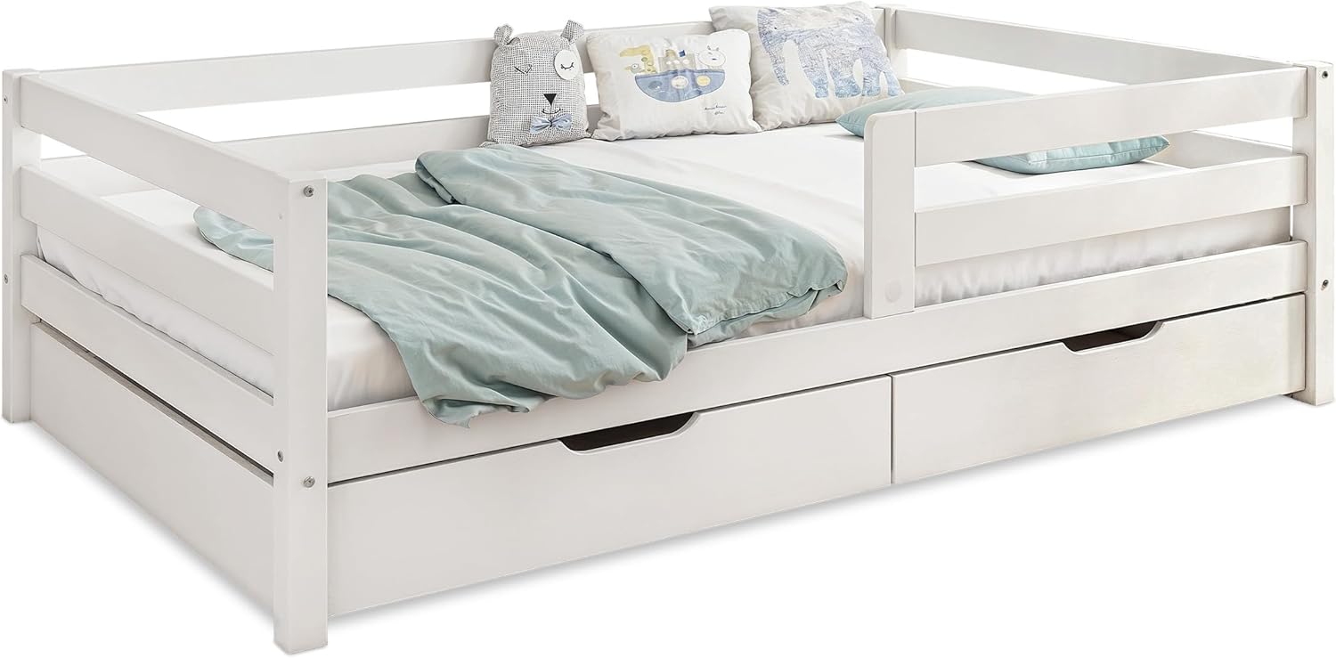 Ehrenkind® Kinderbett Sona mit Doppelschublade aus massivem Kiefernholz Weiß 120x200 cm
