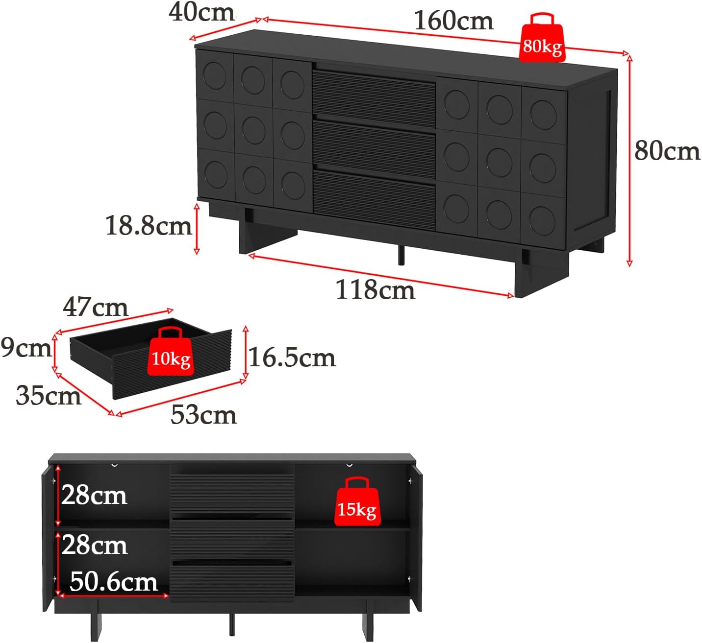 Modernes Sideboard Schwarz 160 x 40 x 80 cm mit 3 Schubladen und 2 Türen – Design-Kommode mit viel Stauraum, Hochwertiger Aufbewahrungsschrank für Wohnzimmer, Esszimmer oder Flur, Belastbar bis 80 kg
