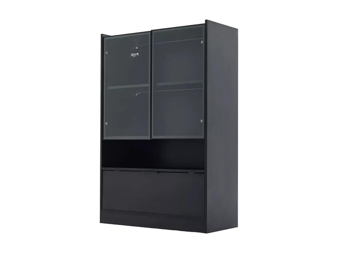Vitrine avec portes LED moderne avec éclairage 16 couleurs sur pied avec éclairage vitrées et porte abattante noir