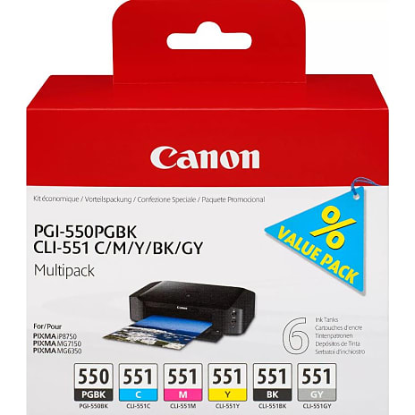 Canon PGI-550/CLI-551 PGBK/C/M/Y/BK/GY blækpatroner - sort/farve