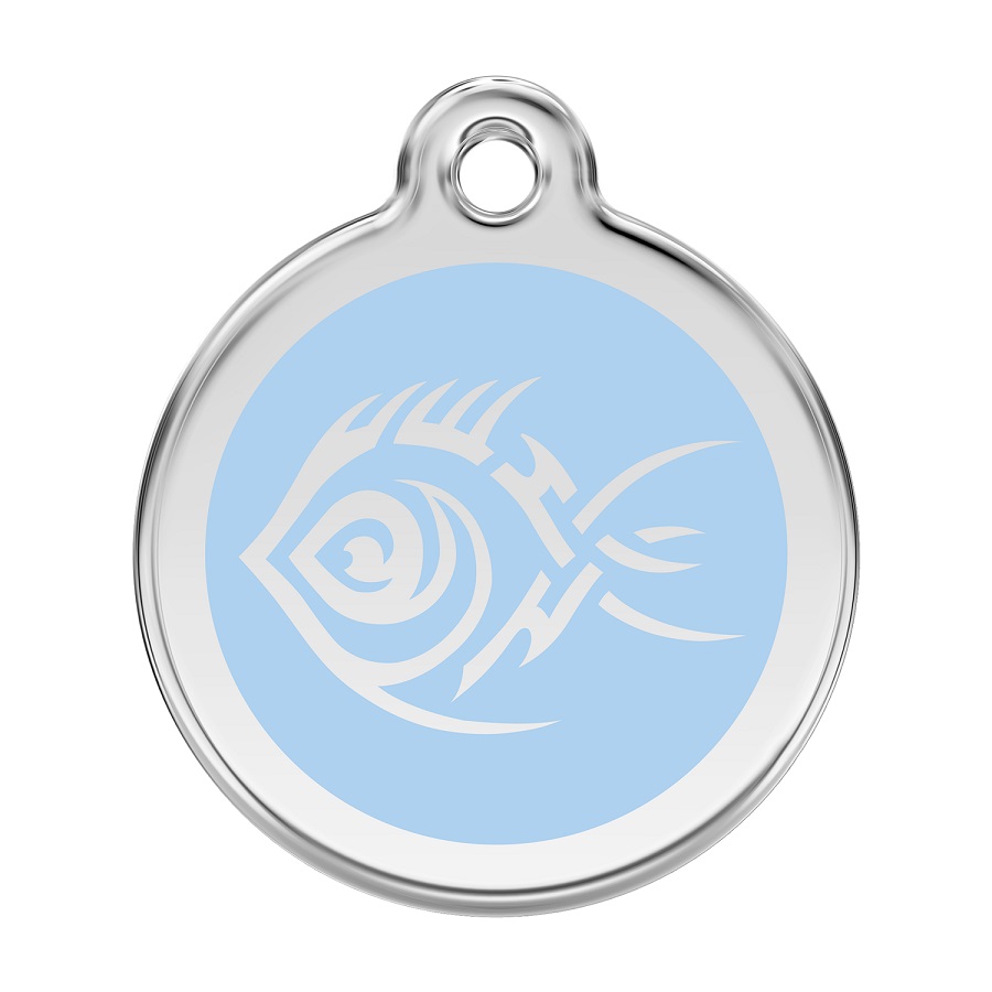 Placa de identificação para cães em aço inoxidável esmaltado com desenho tribal de peixe azul claro