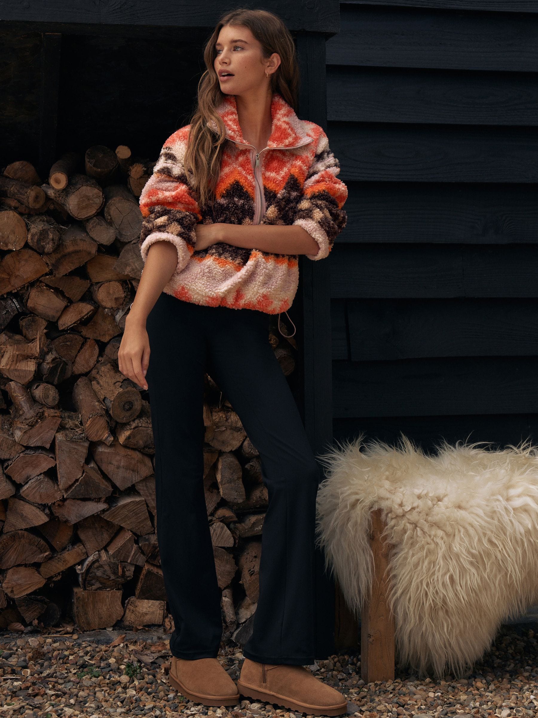 Orange Asymmetric - Borg fleece met korte rits