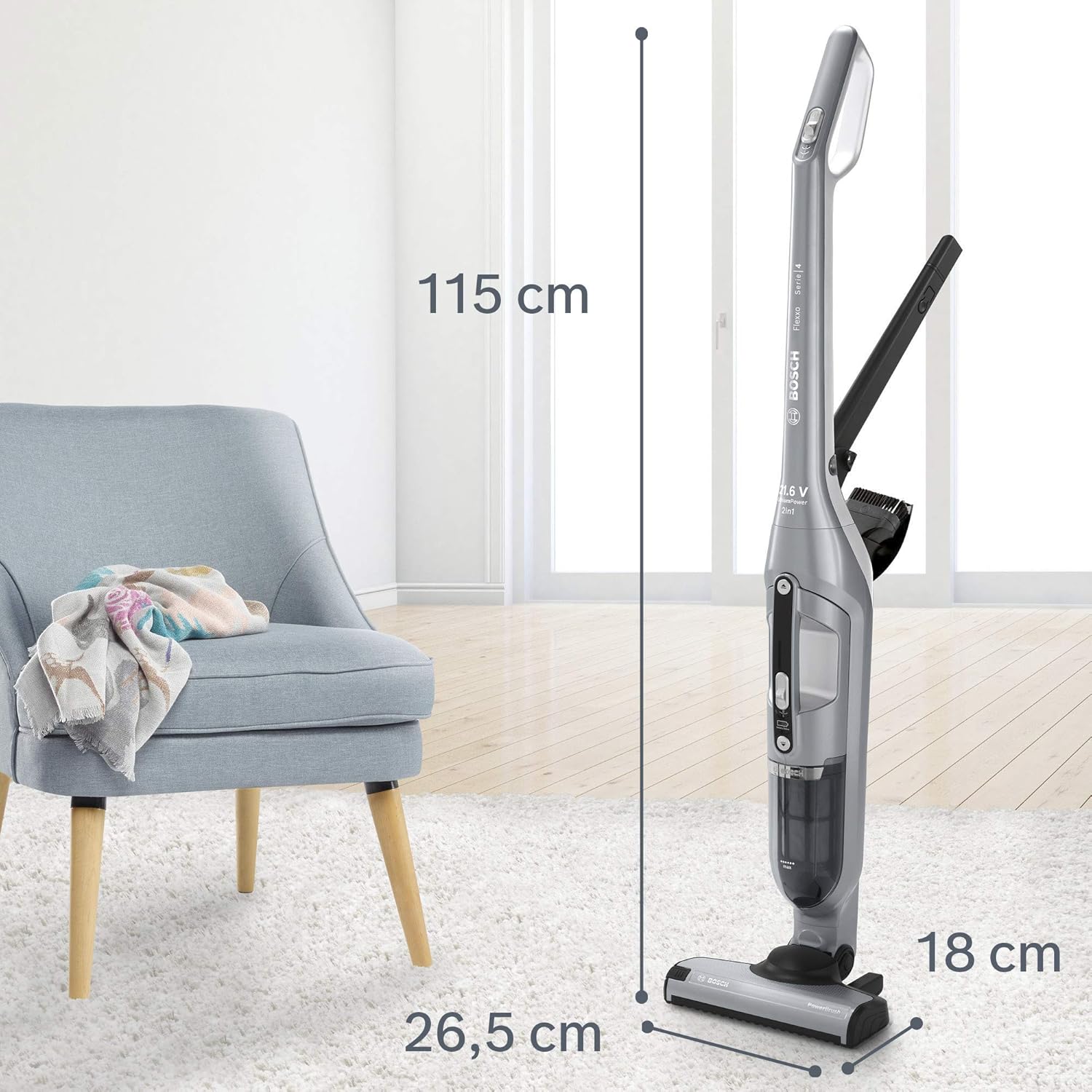 Bosch Akku-Staubsauger Flexxo 2in1 Serie 4 BCH3P210, kabelloser Handstaubsauger, beutellos, hohe Saugleistung, Lange Laufzeit, Kurze Ladezeit, Fugendüse, alle Bodenarten, Silber