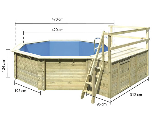 Opbouw houten zwembadset Karibu Classic 2C rond Ø 470x124 cm incl. ladder, bodembeschermvlies, zonnedek & 1 houten vleugel
