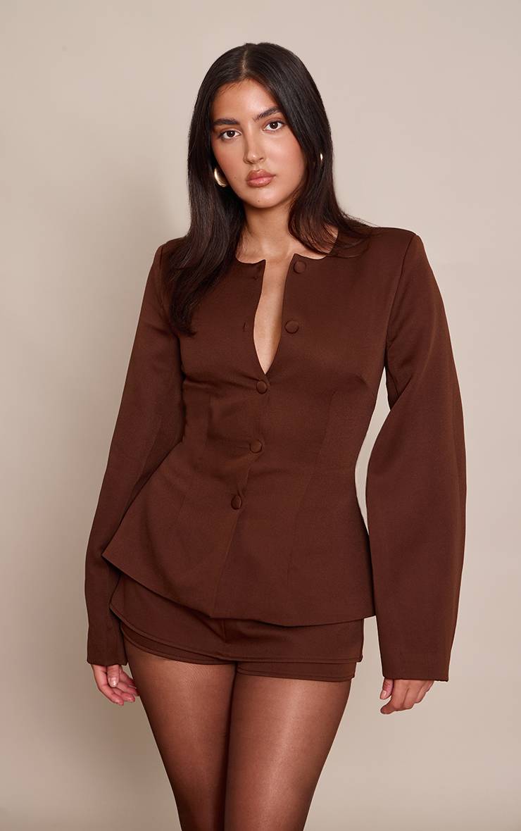 Chocolat Ensemble Blazer Cintré À Taille Froncée Et Manches Cocon Avec Boutonnage