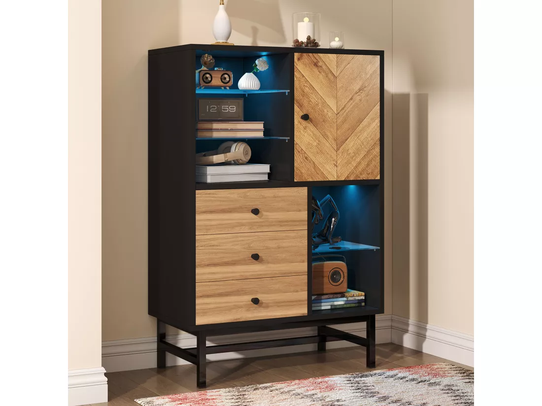 Buffet haut avec LED - 1 porte + 3 tiroirs + 5 compartiments - Naturel + Noir