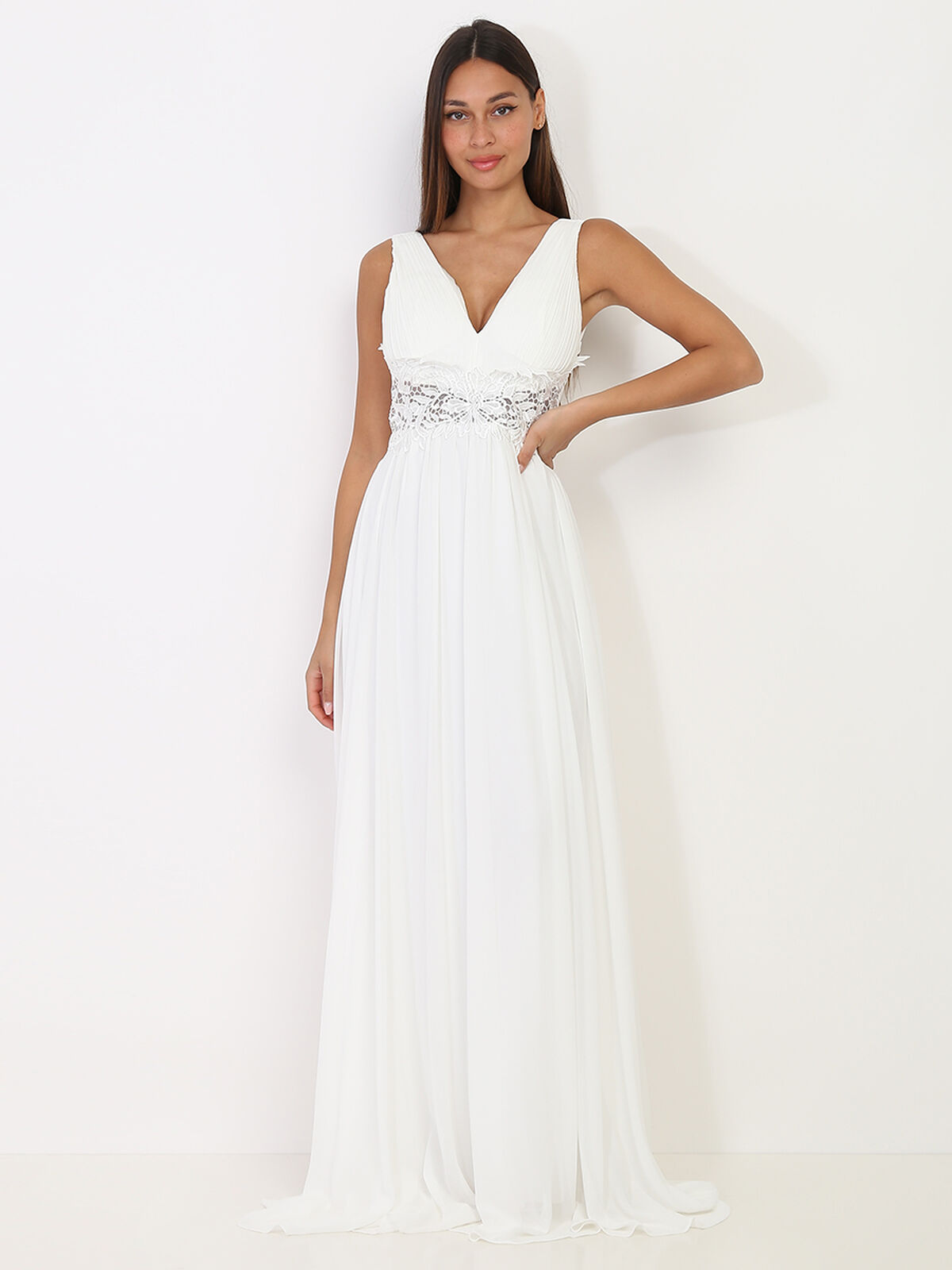 Robe longue à buste drapé et dentelle- Blanc