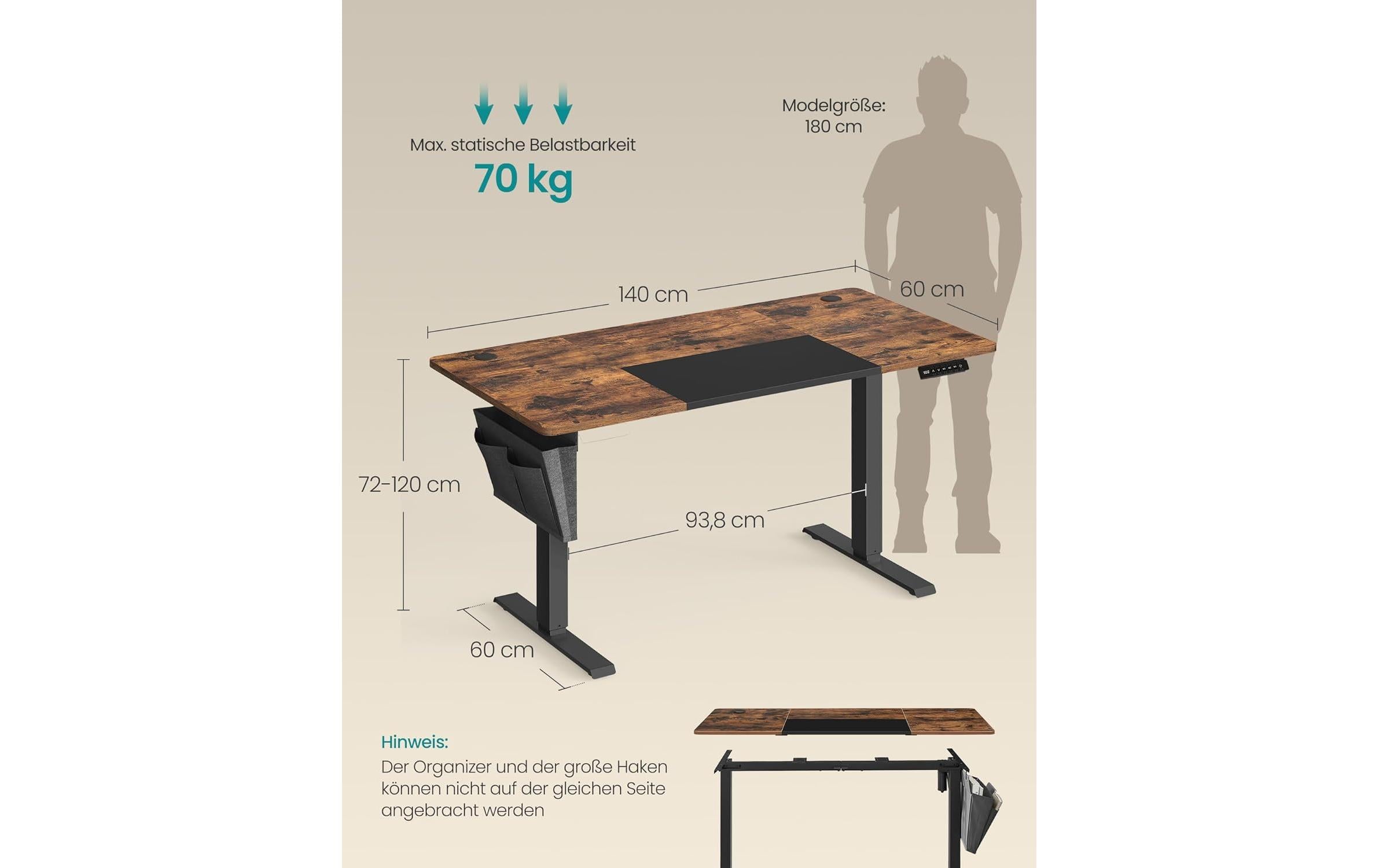 Bürotisch 140 x 60 cm<br>Elektrischer Steh-Sitz-Schreibtisch
