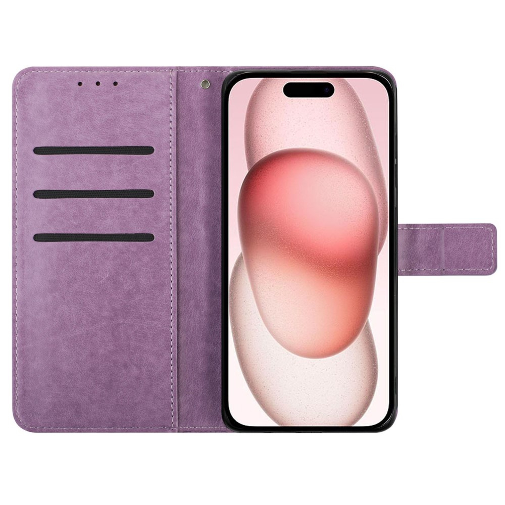 iPhone 16 Leder Tasche Wallet - Mandala Flowers Imprint - Lila