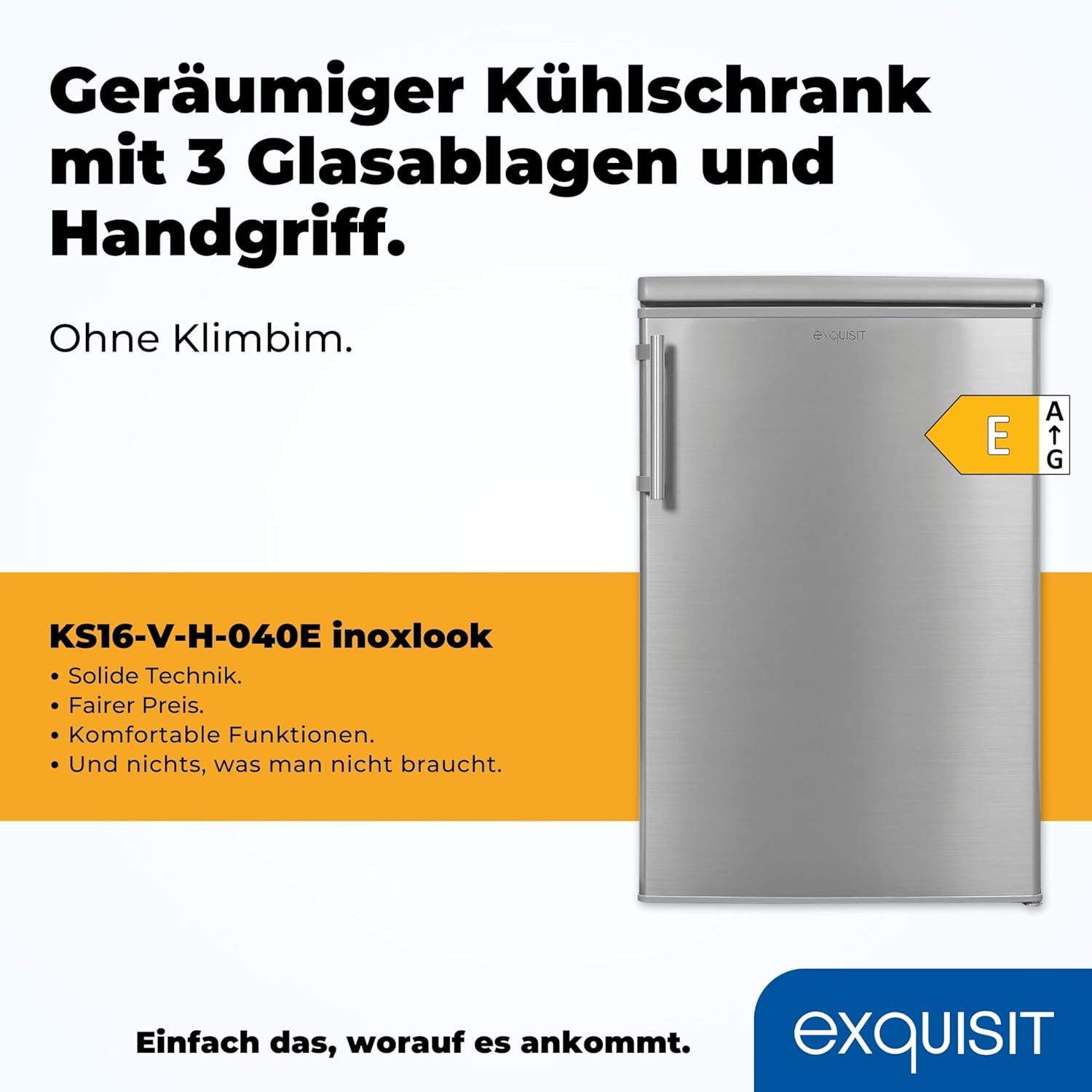 Exquisit Kühlschrank KS16-V-H-040E inoxlook | Standgerät | 127 l Volumen | Inoxlook | Glasablagen und Gemüsefach | Beleuchtung | Türablagen | Türanschlag wechselbar
