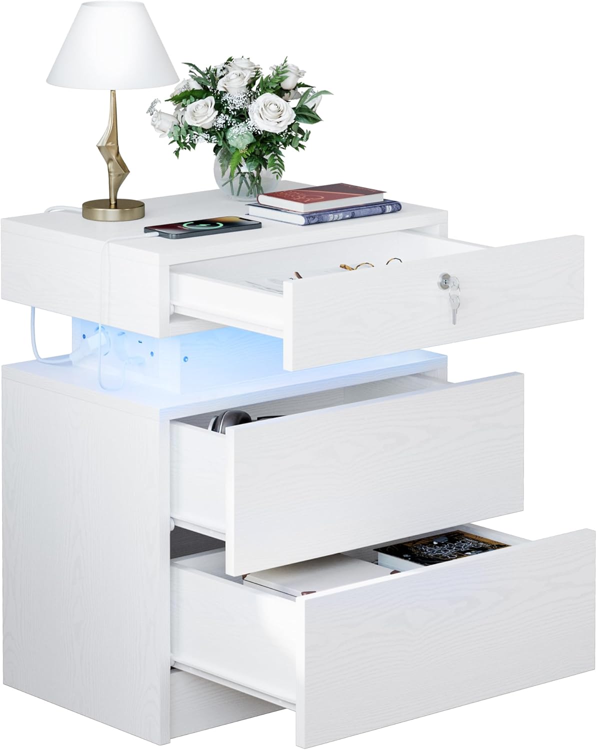 IRONCK Nachttisch mit Steckdose, Nachtschrank mit LED-Beleuchtung, Beistelltisch mit 3 Schubladen, 1 USB- und 1 Typ-C-Anschluss und Schloss, Sofatisch für Wohnzimmer, Schlafzimmer, Weiß