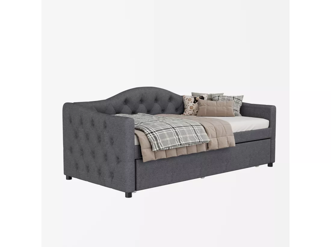 Lit gigogne 90 x 200 cm + lit 90 x 190 cm, canapé-lit - tissu en lin - coloris gris (sans matelas)