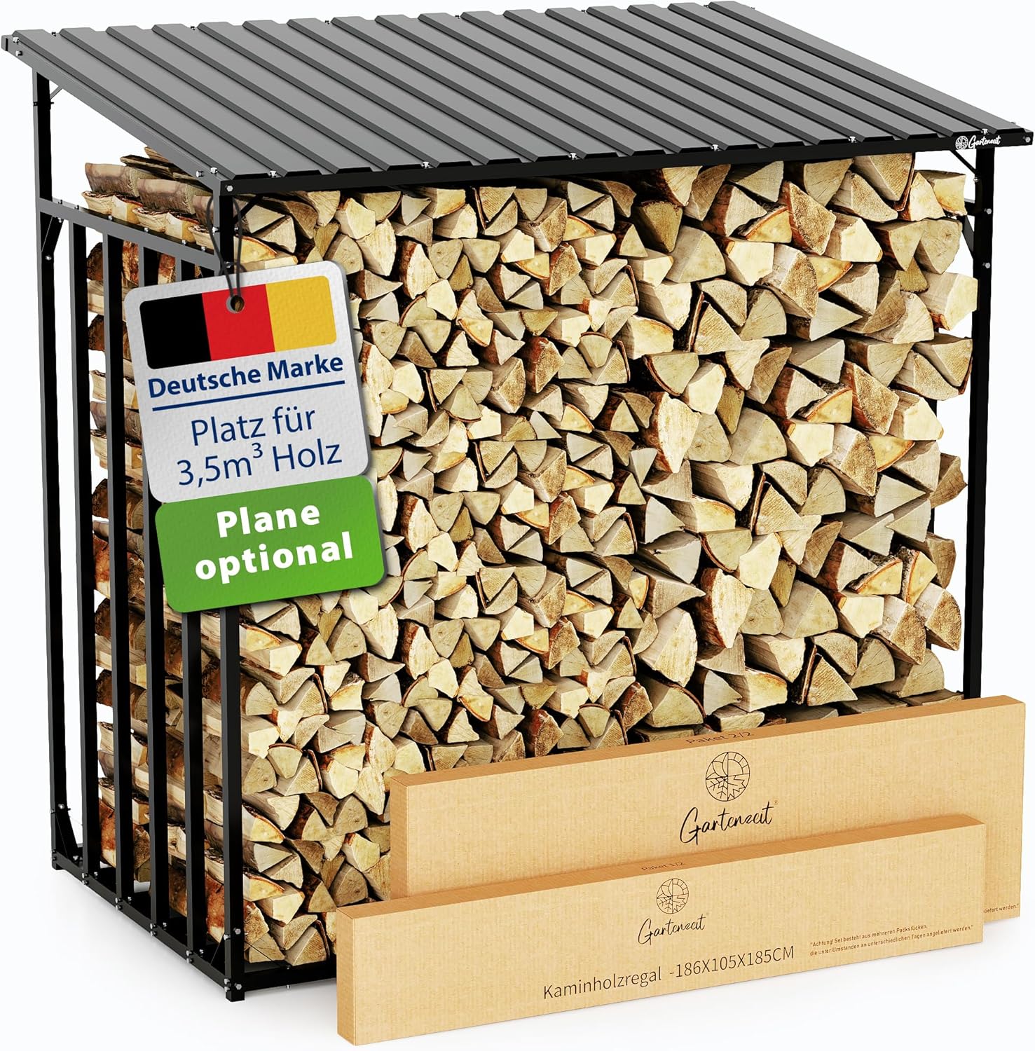 Gartenzeit® Kaminholzregal Außen XXXL 186x105x185cm – 3,45m³, 5,25SRM, Metallrahmen 30x30mm, Metalldach, feuerverzinkt, 105cm tief, Brennholzregal Holzstapelhilfe Holzunterstand Außen