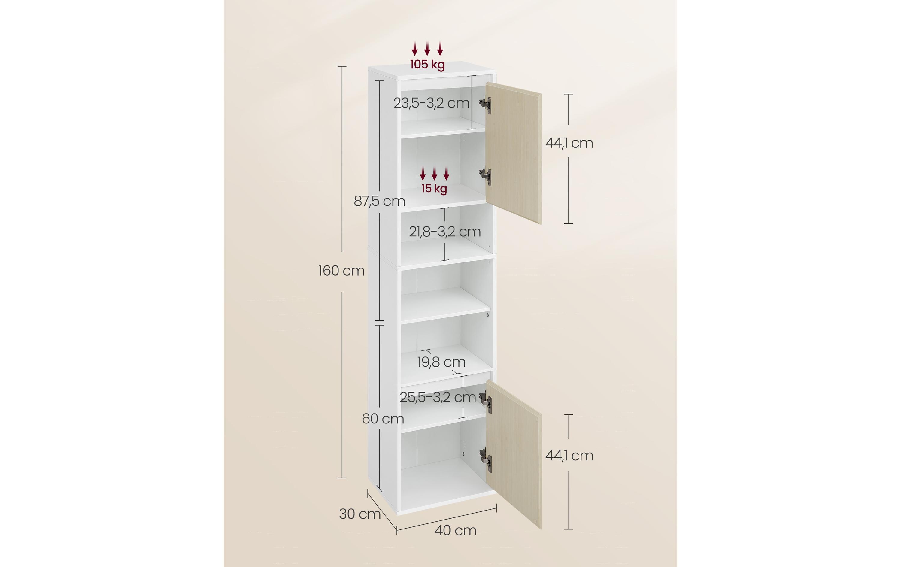 Kommode Bathroom Cabinet, 40 x 160 cm, Weiss-Beige<br>Hängender Badezimmerschrank mit 7 Fächern