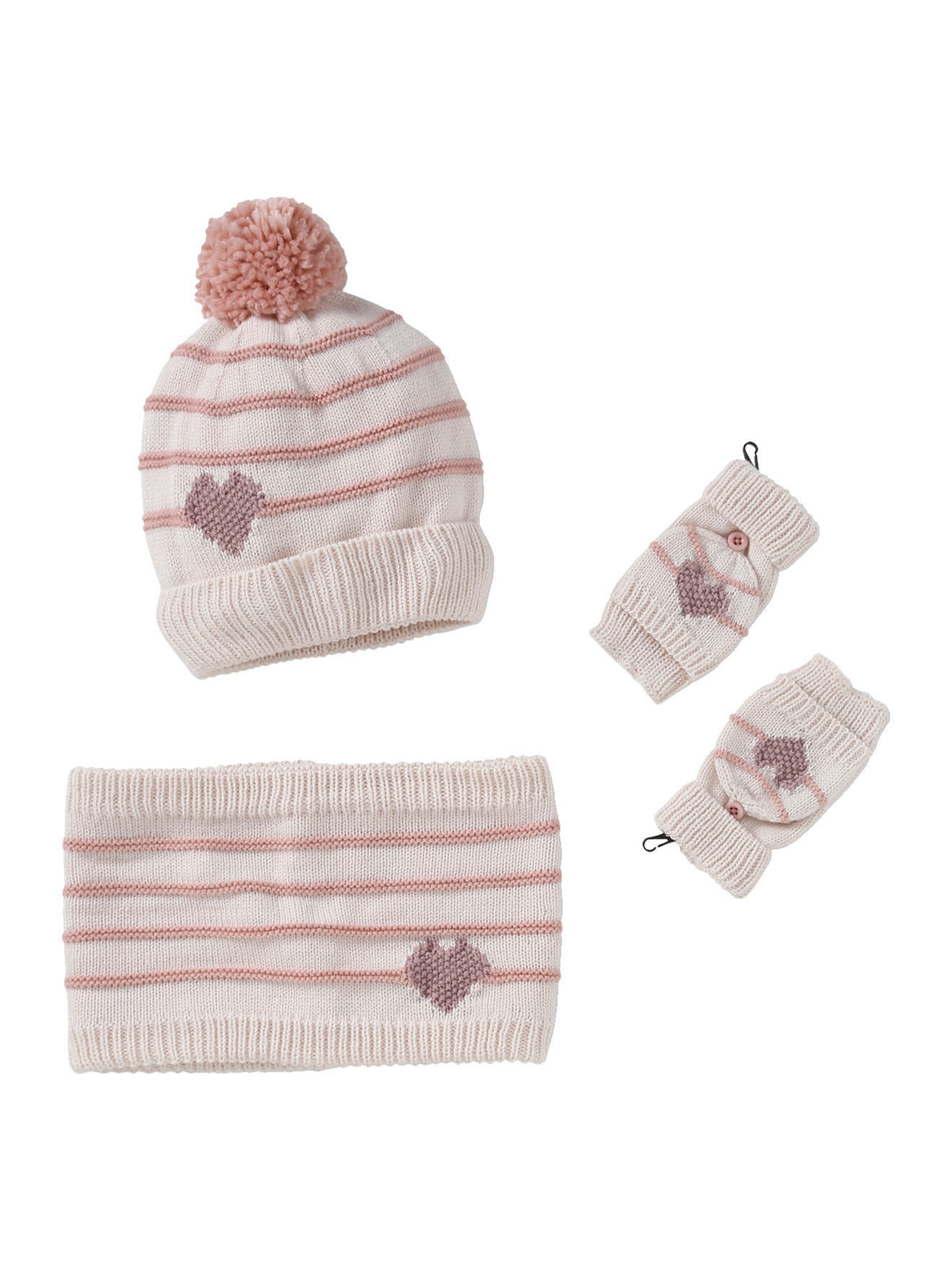 Vertbaudet Mädchen-Set: Mütze, Rundschal & Handschuhe Streifen/Herzen wollweiß/rosa